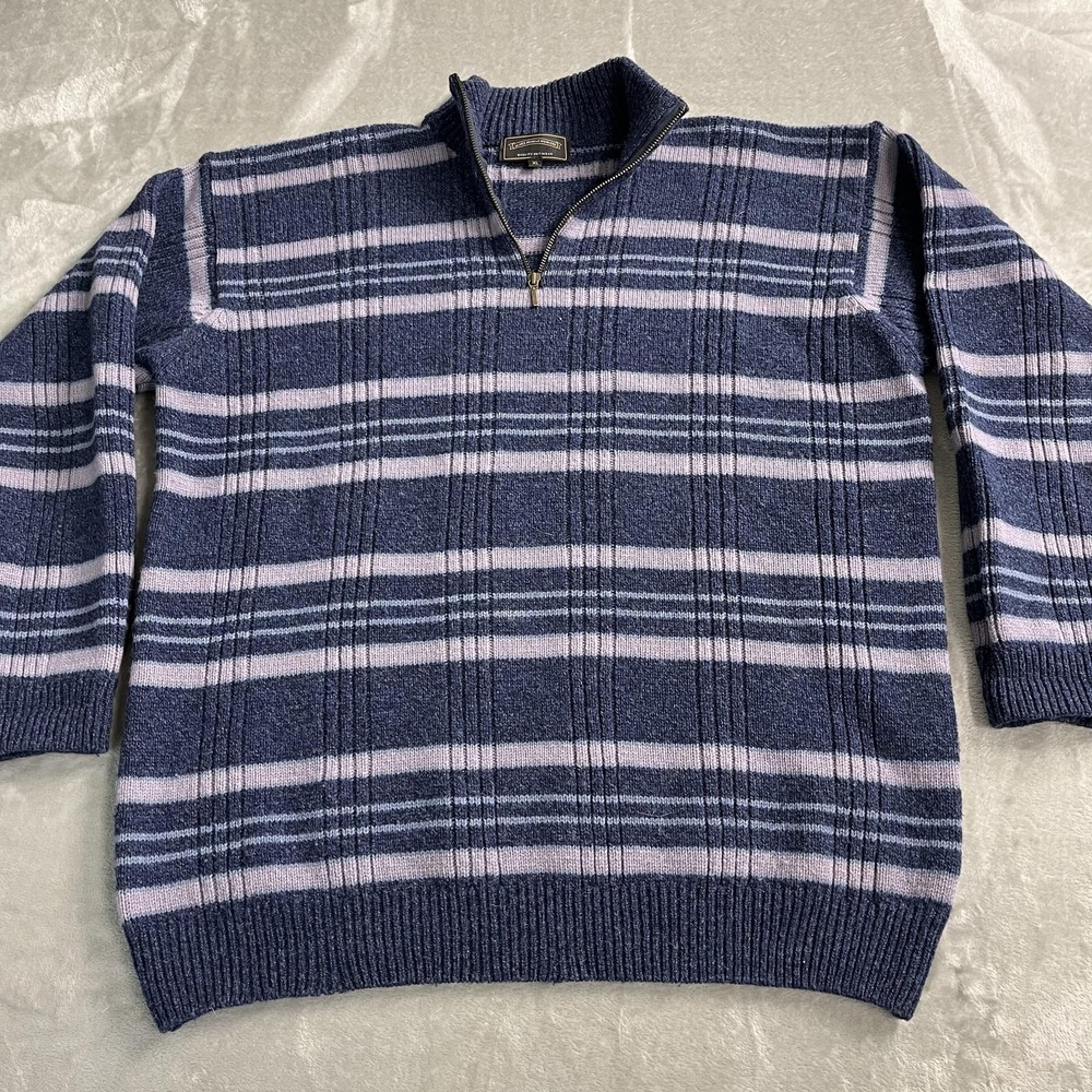 James Pringle Weavers Sweater Mens XL Blue Striped Lambswool Mock Neck 1/4 Zip